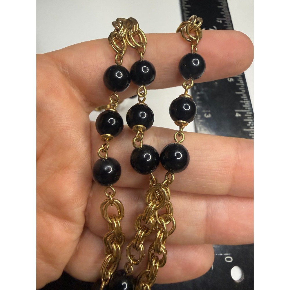 Trifari Vintage Black Bead Gold Tone Double Link Chain Station Necklace 28 Inch